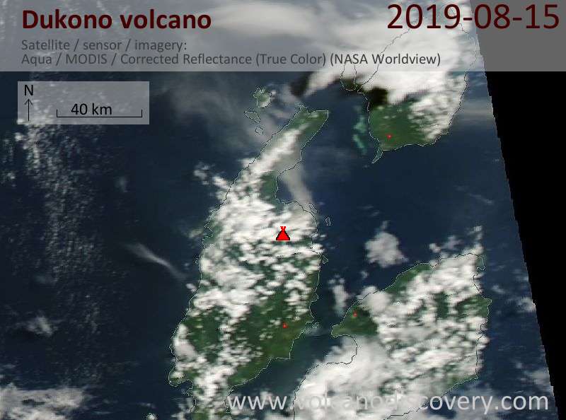 Satellitenbild des Dukono Vulkans am 16 Aug 2019