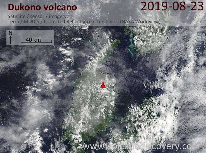 Satellitenbild des Dukono Vulkans am 23 Aug 2019