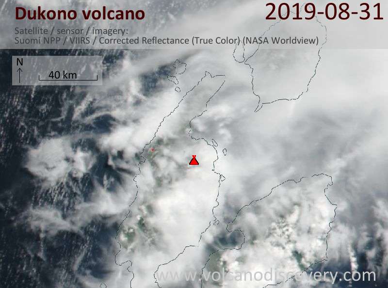 Satellitenbild des Dukono Vulkans am 31 Aug 2019