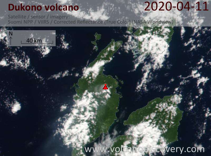 Satellitenbild des Dukono Vulkans am 11 Apr 2020