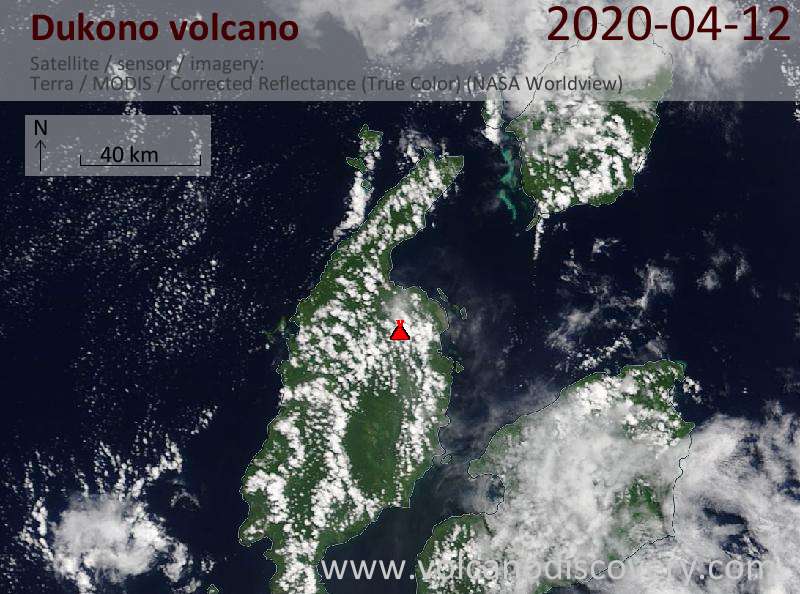 Satellitenbild des Dukono Vulkans am 12 Apr 2020