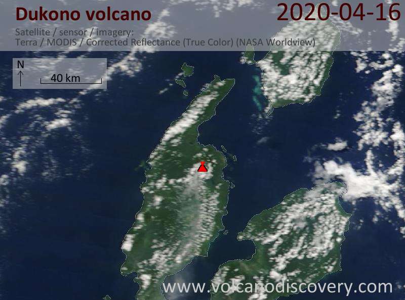 Satellitenbild des Dukono Vulkans am 16 Apr 2020