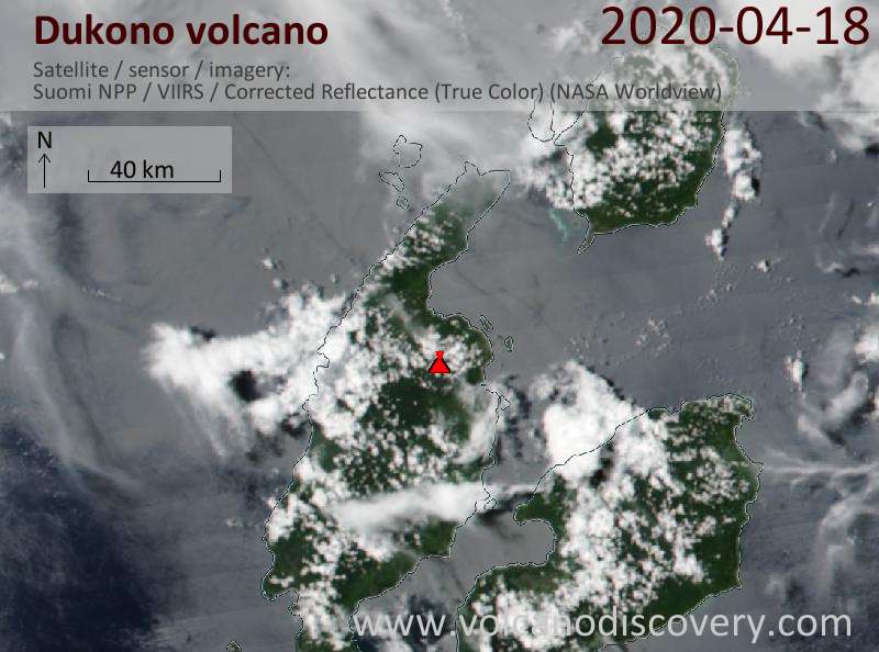Satellitenbild des Dukono Vulkans am 18 Apr 2020