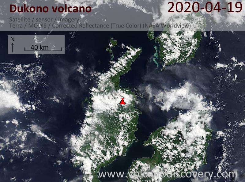 Satellitenbild des Dukono Vulkans am 19 Apr 2020