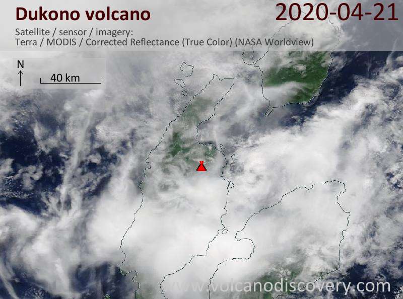 Satellitenbild des Dukono Vulkans am 21 Apr 2020
