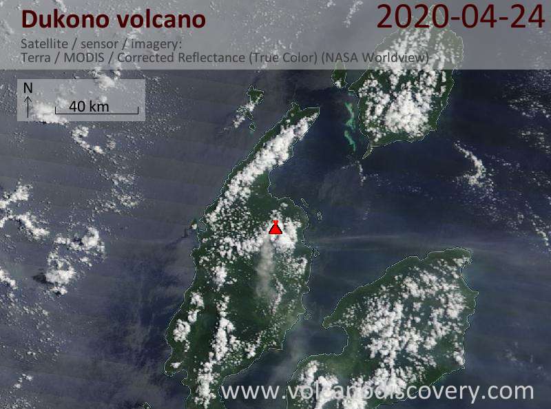 Satellitenbild des Dukono Vulkans am 24 Apr 2020