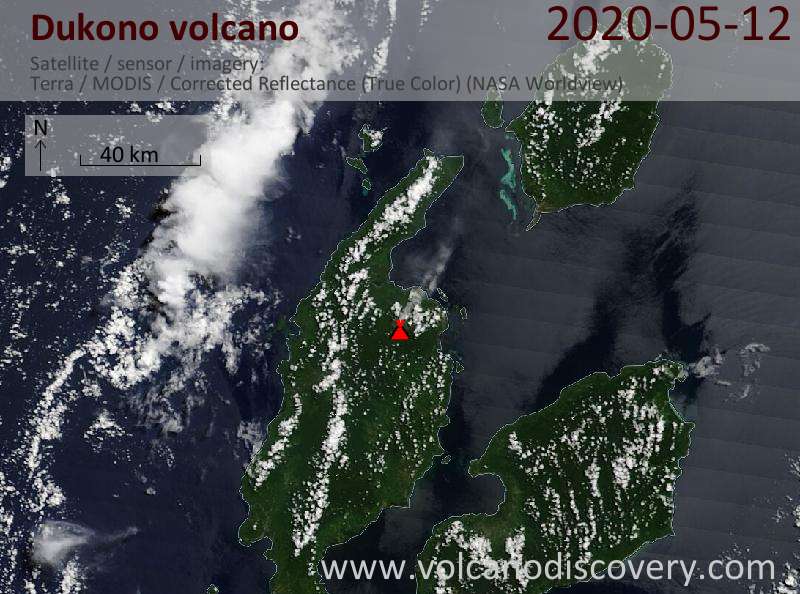 Satellitenbild des Dukono Vulkans am 12 May 2020