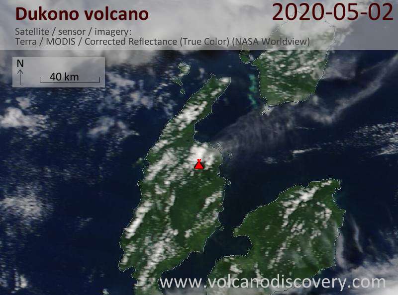 Satellite image of Dukono volcano on  2 May 2020