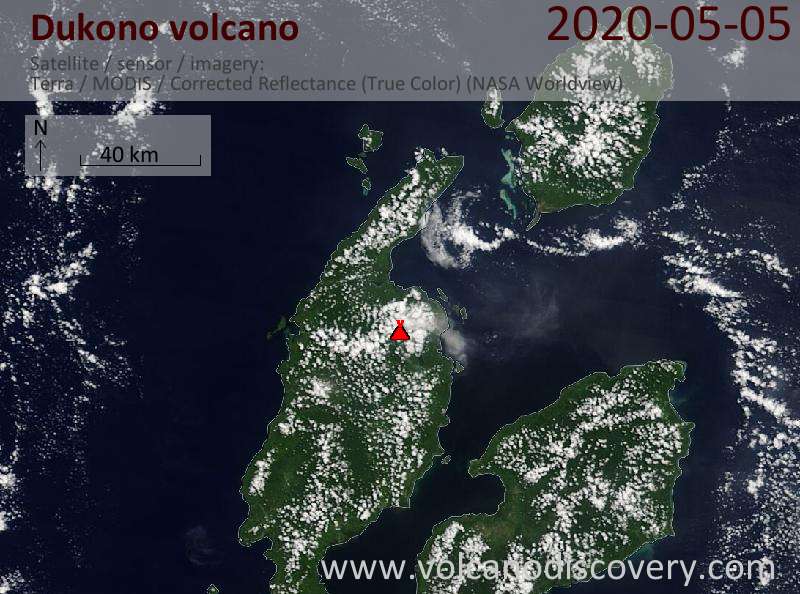 Satellitenbild des Dukono Vulkans am  5 May 2020