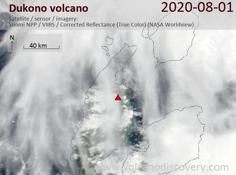 Satellite image of Dukono volcano on  1 Aug 2020