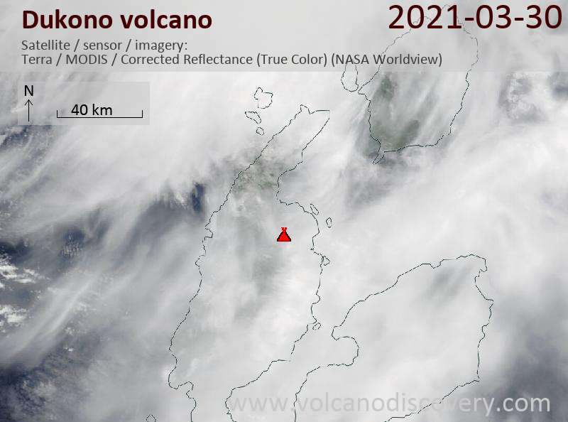 Satellitenbild des Dukono Vulkans am 30 Mar 2021