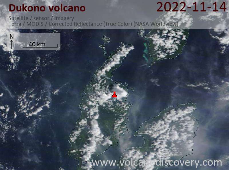 Satellitenbild des Dukono Vulkans am 14 Nov 2022