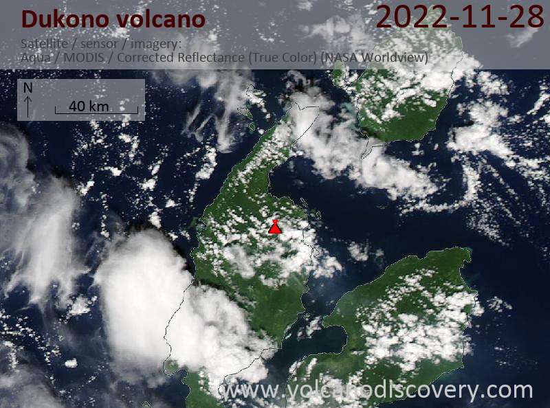 Satellitenbild des Dukono Vulkans am 28 Nov 2022