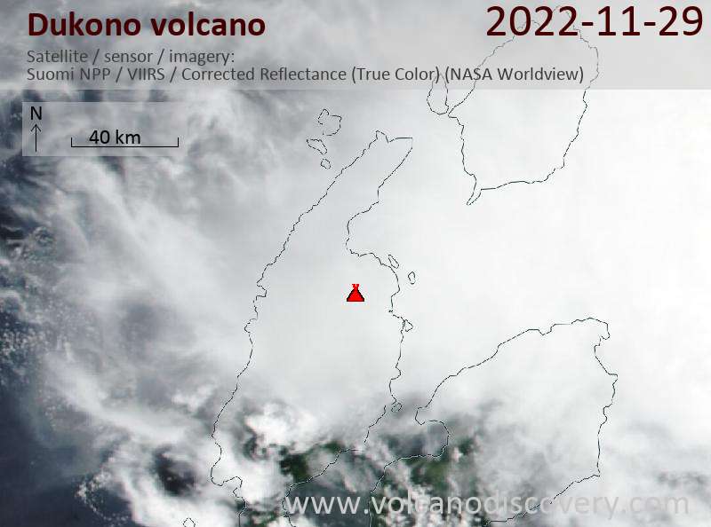 Satellitenbild des Dukono Vulkans am 29 Nov 2022