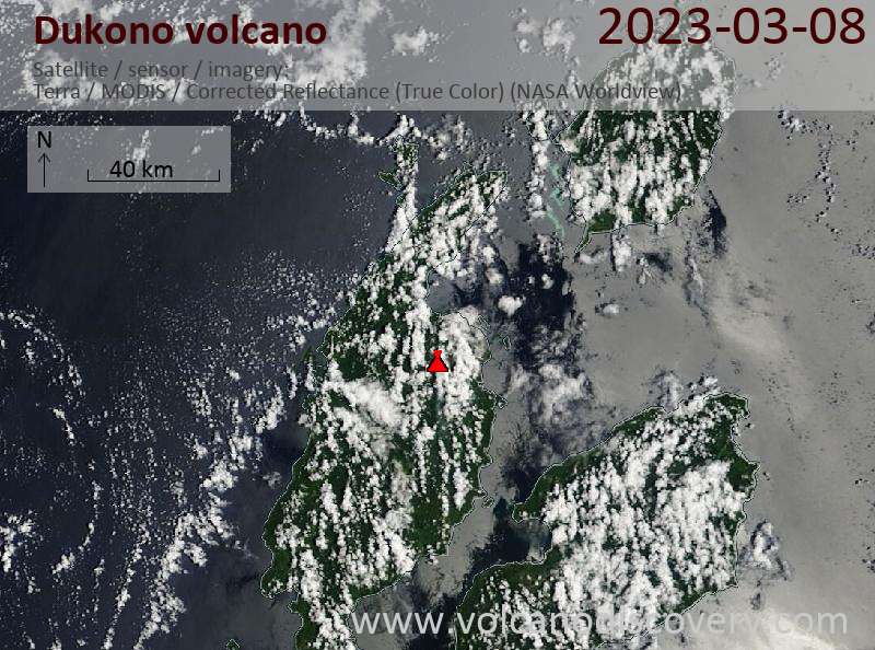 Satellite image of Dukono volcano on  8 Mar 2023