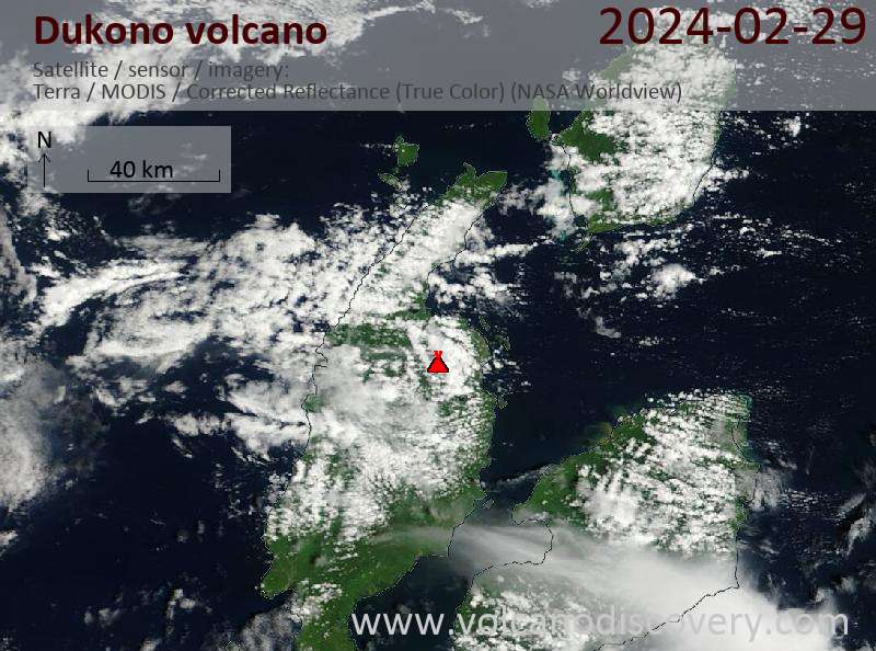 Satellite image of Dukono volcano on 29 Feb 2024