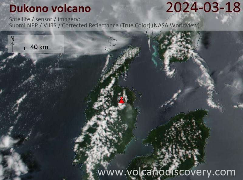 Imagen satelital del volcán Dukono el 18 de marzo de 2024