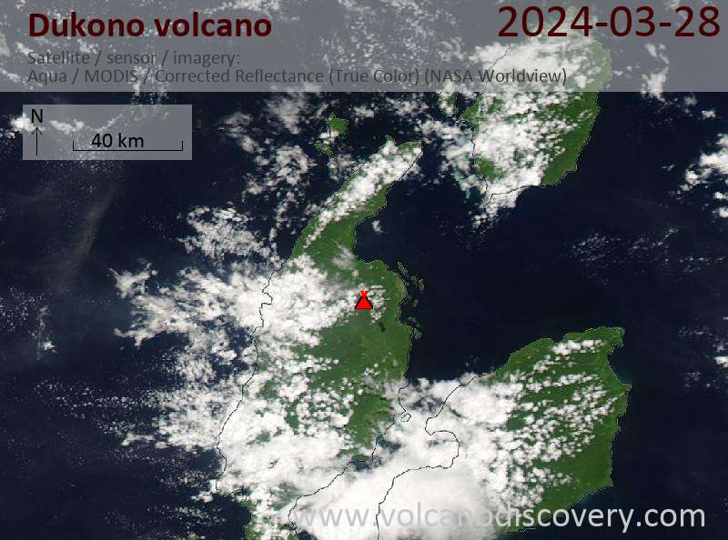 Satellitenbild des Dukono Vulkans am 28 Mar 2024