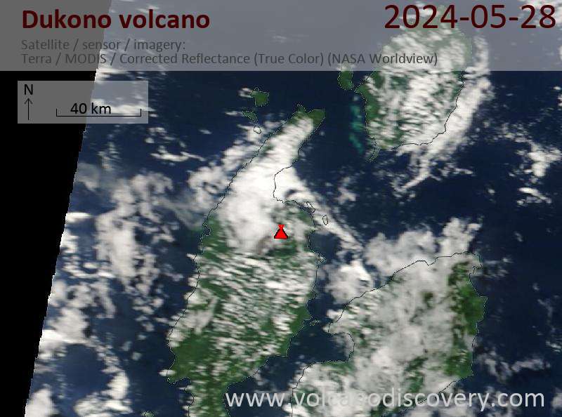 Satellitenbild des Dukono Vulkans am 28 May 2024