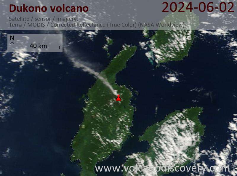Satellite image of Dukono volcano on  2 Jun 2024
