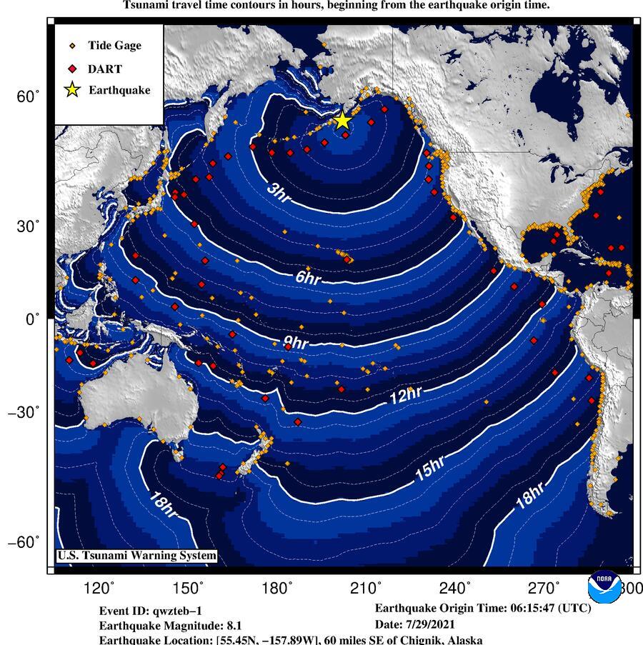 Modeled map of the propagation of the potential tsunami