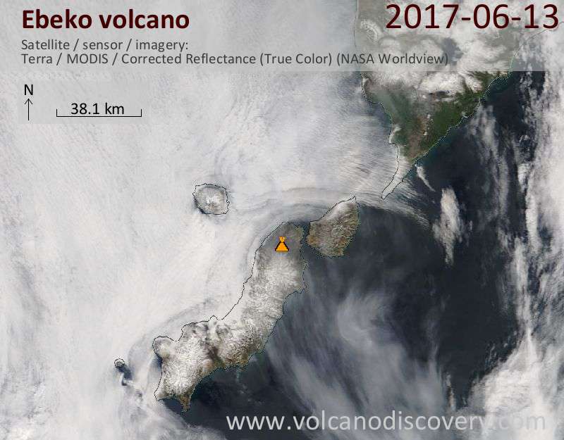 Satellite image of Ebeko volcano on 13 Jun 2017