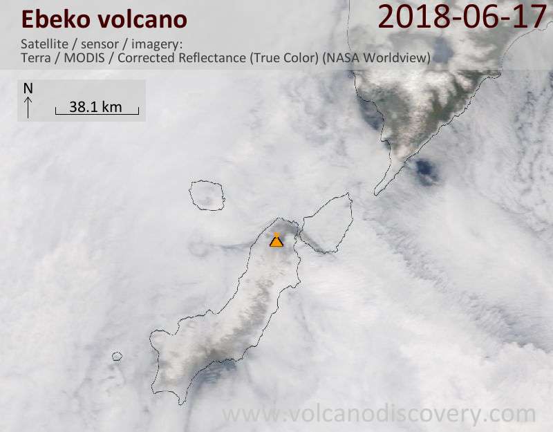 Satellite image of Ebeko volcano on 17 Jun 2018