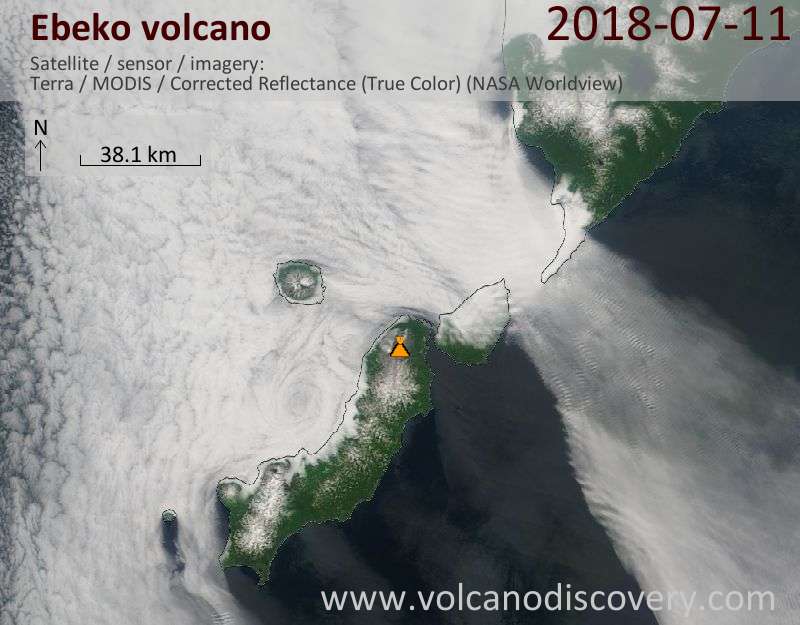 Satellite image of Ebeko volcano on 11 Jul 2018