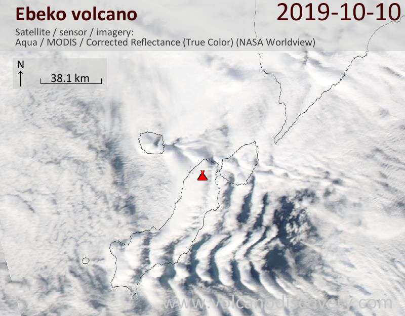 Satellite image of Ebeko volcano on 10 Oct 2019