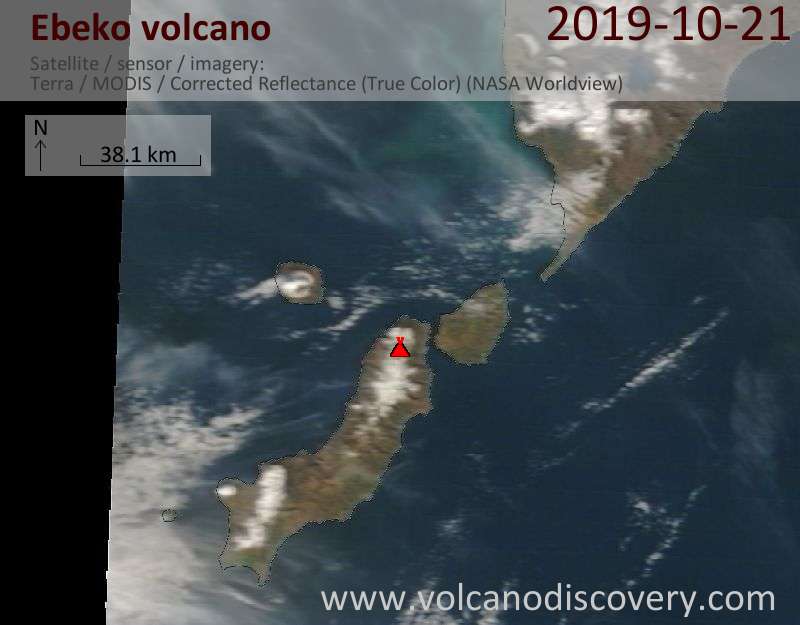 Satellite image of Ebeko volcano on 21 Oct 2019
