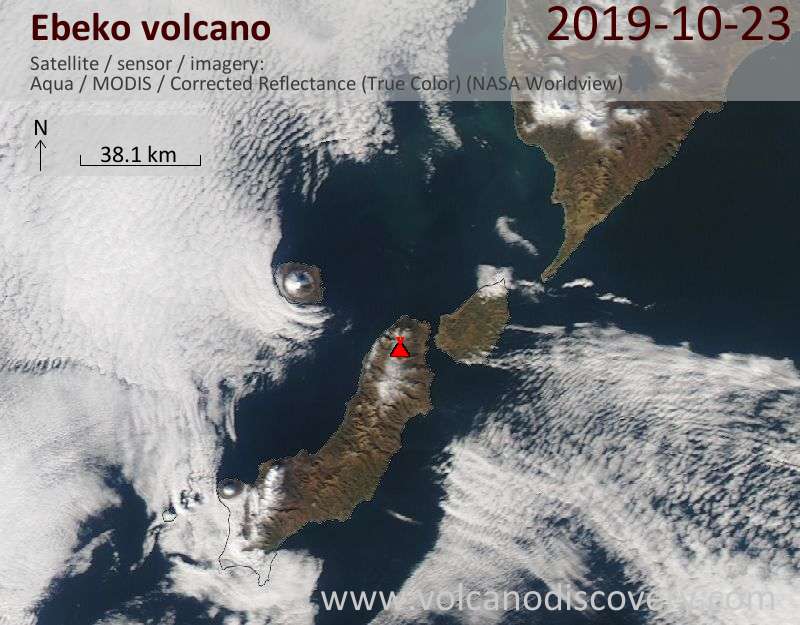 Satellite image of Ebeko volcano on 23 Oct 2019