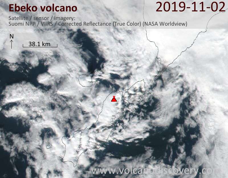 Satellite image of Ebeko volcano on  3 Nov 2019