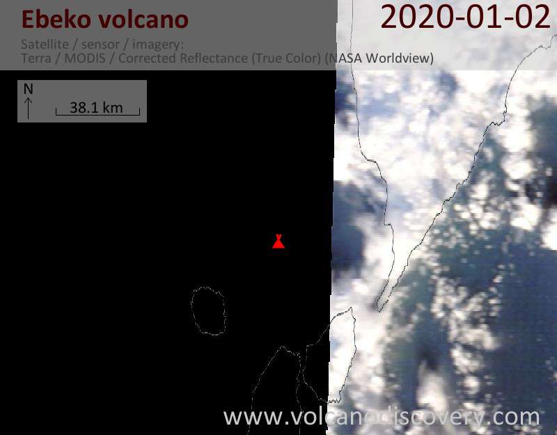 Спутниковое изображение вулкана Ebeko  2 Jan 2020