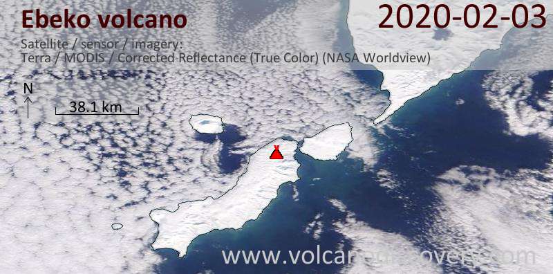 Спутниковое изображение вулкана Ebeko  3 Feb 2020
