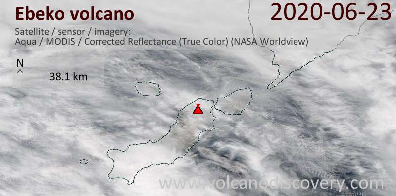 Satellite image of Ebeko volcano on 23 Jun 2020