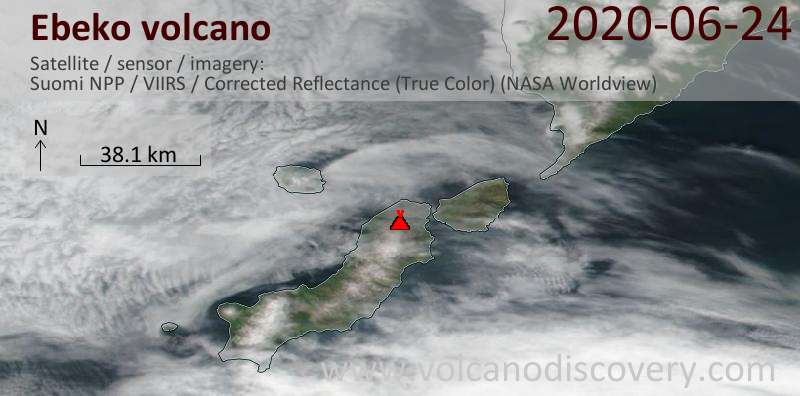 Satellite image of Ebeko volcano on 24 Jun 2020
