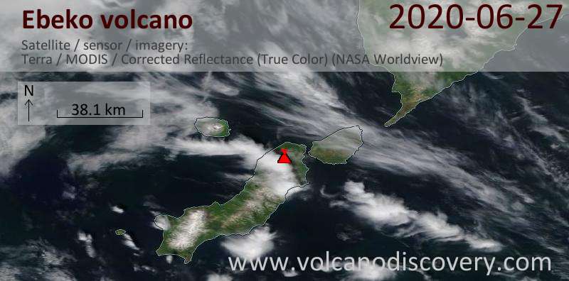Satellite image of Ebeko volcano on 27 Jun 2020