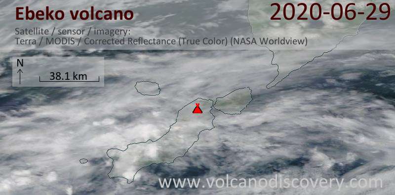 Satellite image of Ebeko volcano on 29 Jun 2020