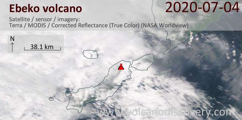 Satellite image of Ebeko volcano on  4 Jul 2020