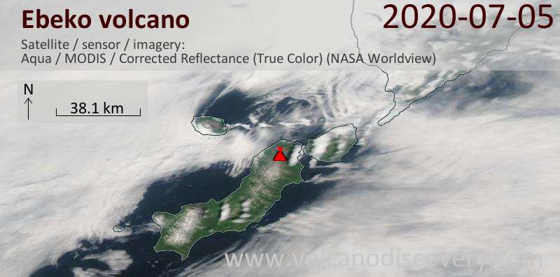 Satellite image of Ebeko volcano on  6 Jul 2020
