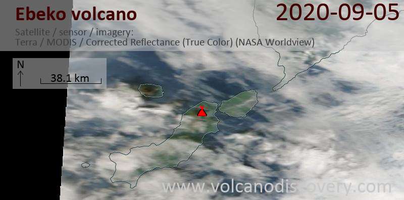 Satellite image of Ebeko volcano on  5 Sep 2020