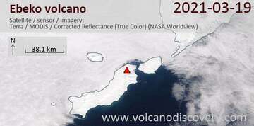 Satellite image of Ebeko volcano on 19 Mar 2021