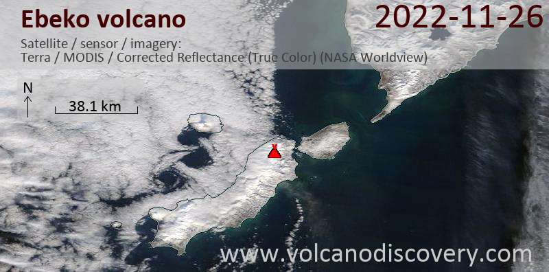 Satellitenbild des Ebeko Vulkans am 26 Nov 2022