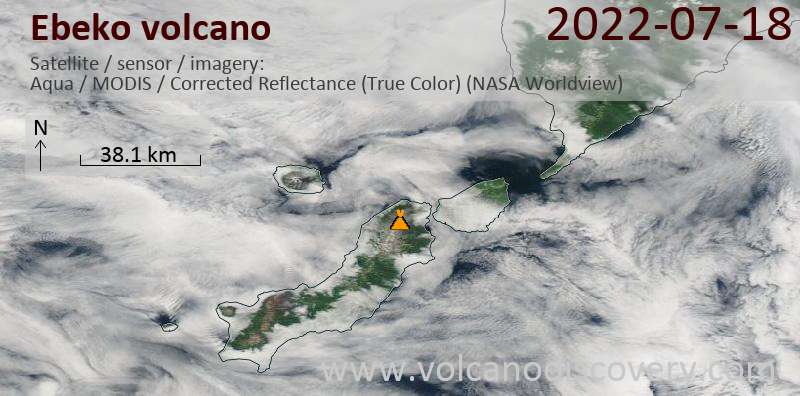 Imagen satelital del volcán Ebeko el 18 de julio de 2022