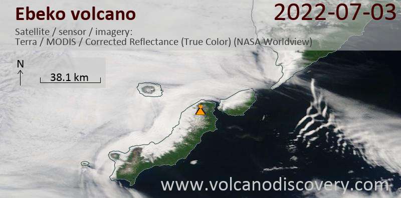 Satellite image of Ebeko volcano on  3 Jul 2022