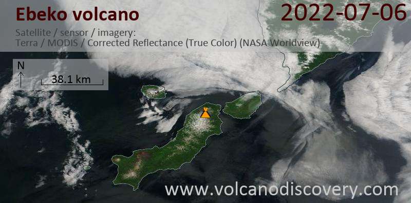 Satellite image of Ebeko volcano on  6 Jul 2022