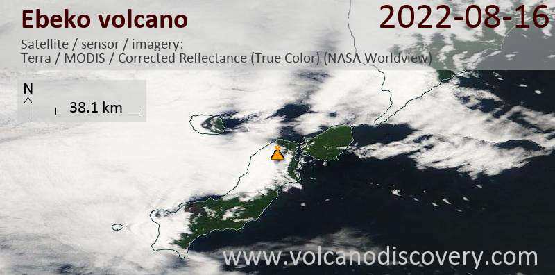 Satellite image of Ebeko volcano on 16 Aug 2022