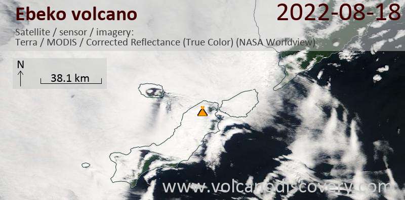 Satellite image of Ebeko volcano on 18 Aug 2022