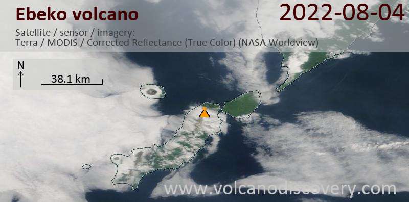 Satellite image of Ebeko volcano on  4 Aug 2022