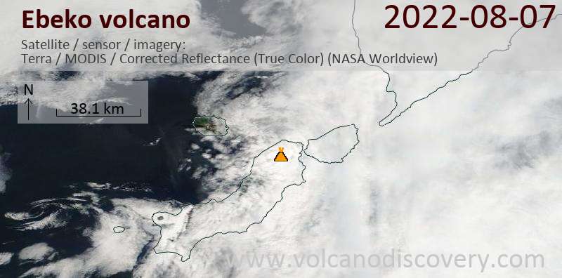 Satellite image of Ebeko volcano on  8 Aug 2022
